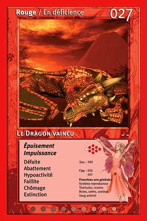 Carte tarot 027 Le Dragon Vaincu oracle couleurs arc-en-ciel rouge