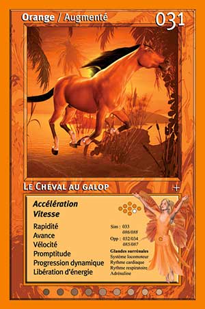 Carte tarot 031 Le Cheval au Galop oracle couleurs arc-en-ciel orange