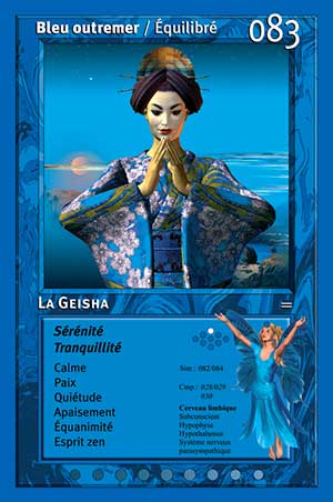 Carte tarot 083 La Geisha oracle couleurs arc-en-ciel indigo outremer