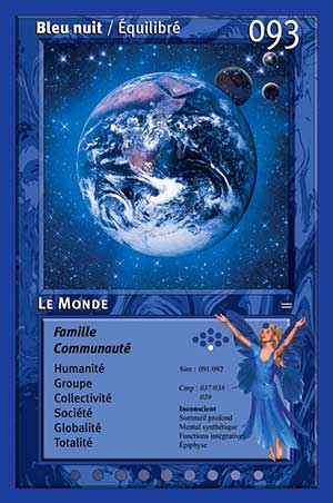 Carte tarot 093 Le Monde oracle couleurs arc-en-ciel bleu nuit