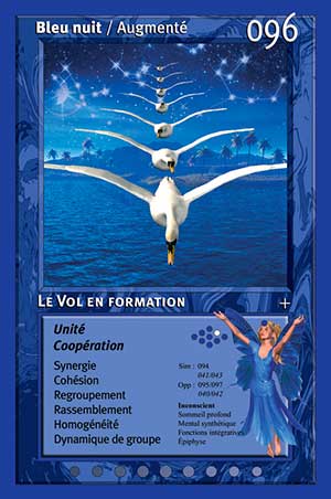 Carte tarot 096 Le Vol en Formation oracle couleurs arc-en-ciel bleu nuit